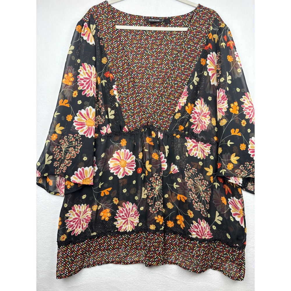 Avenue Womens 22 24 Chiffon Tunic Floral Empire Waist Kimono Sleeve